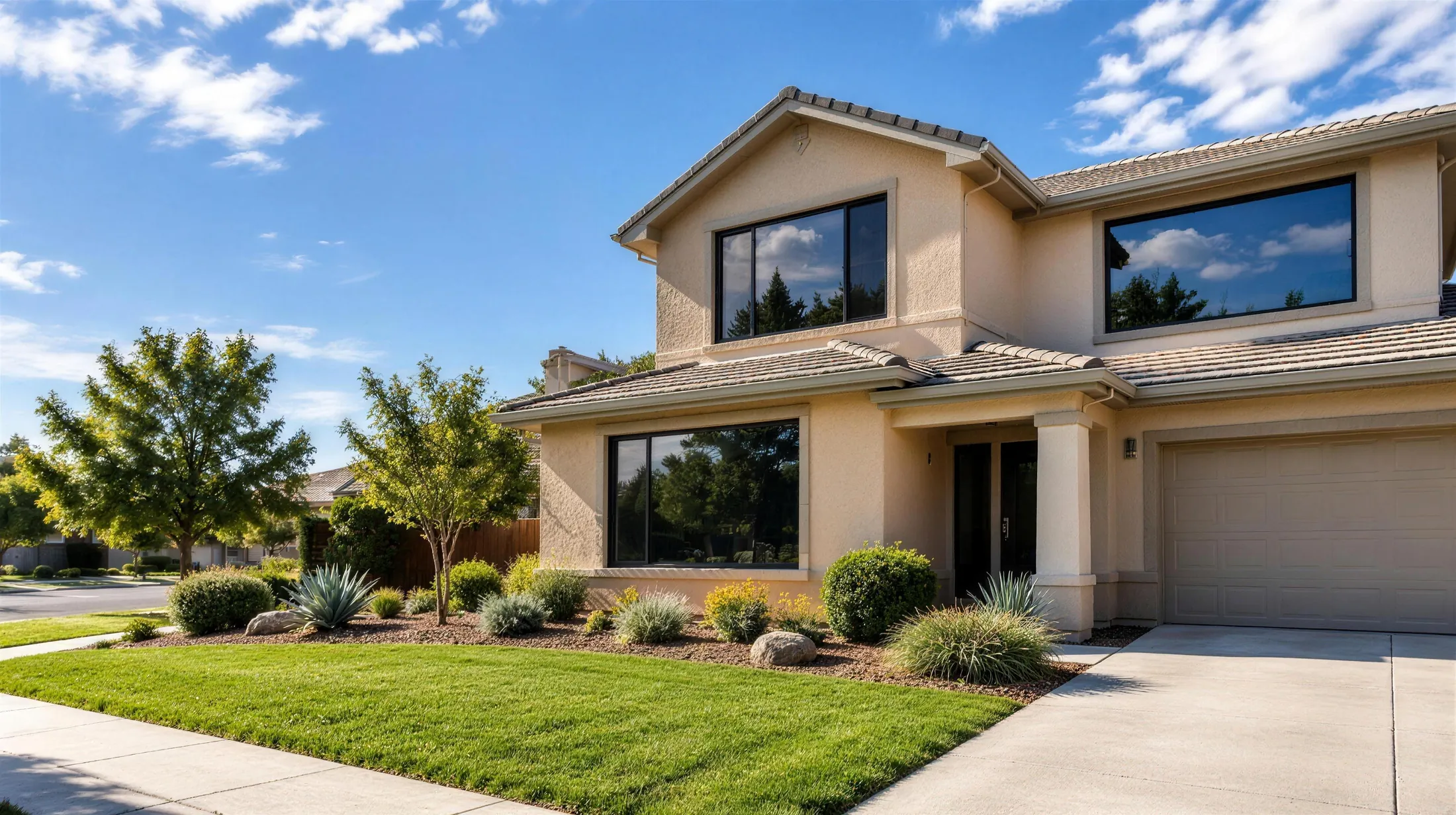 Two-story stucco home in a Sacramento-area neighborhood with every window tinted to a dark mirror finish reflecting the sky