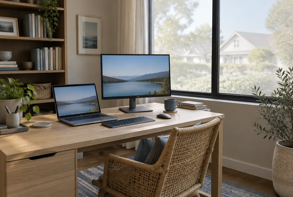 Home office with a desk and monitor beside a sunny window