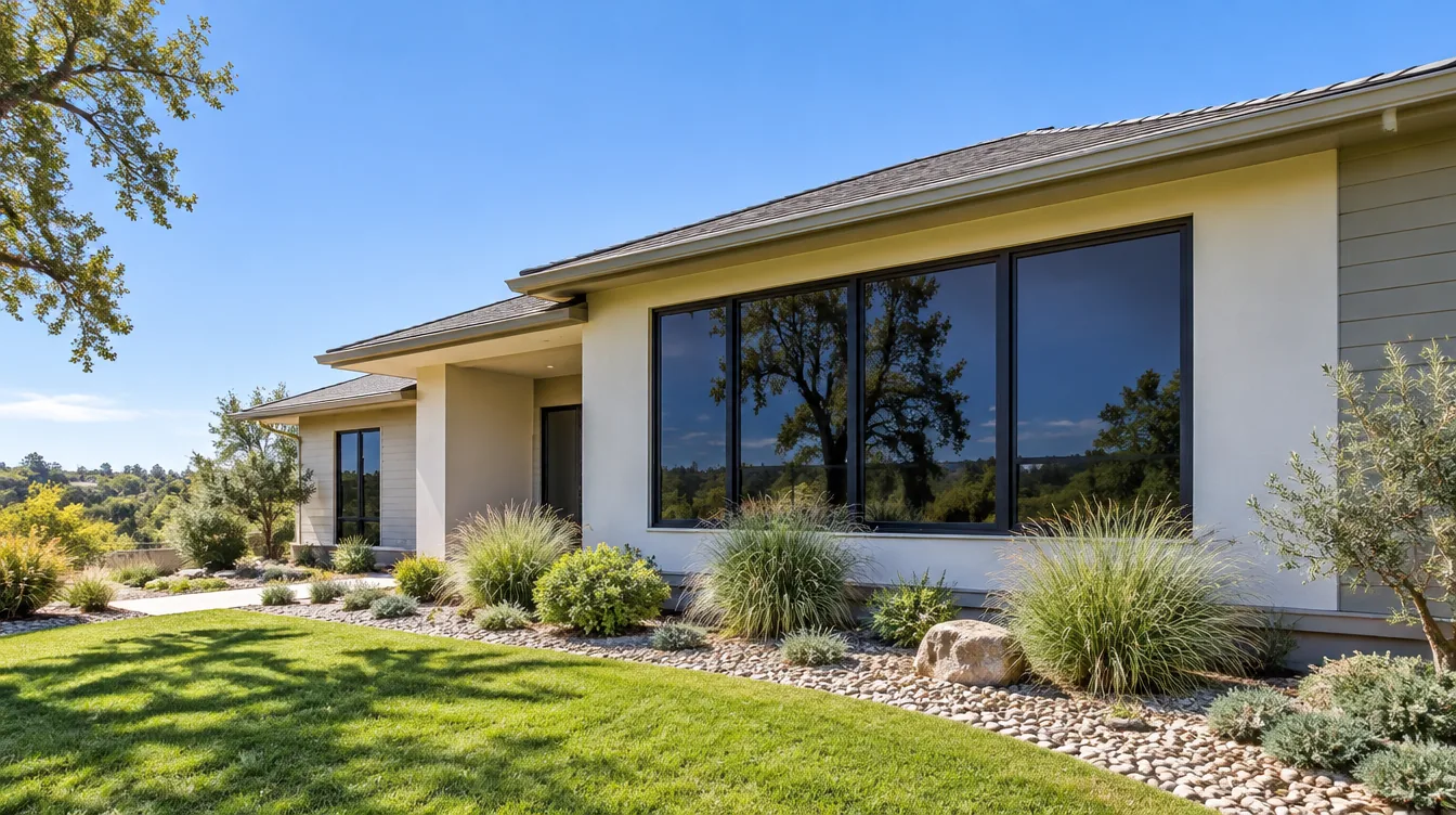 Single-story stucco home with a wall of tall windows tinted to a dark mirror finish reflecting an oak tree and the sky