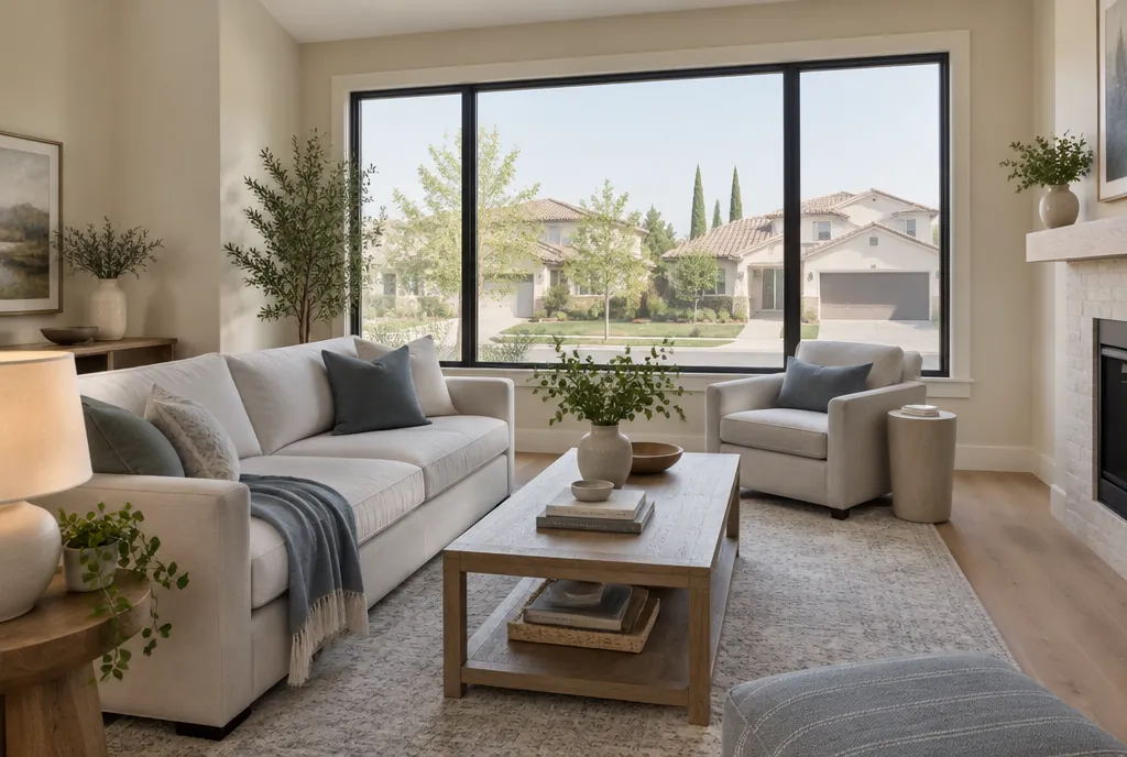 Bright living room with a large picture window looking out to a quiet suburban street