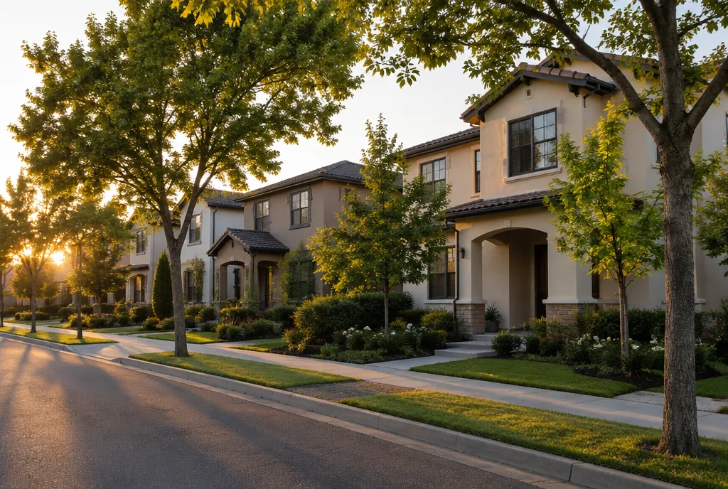 Quiet Sacramento-area street lined with two-story stucco homes and mature trees at golden hour