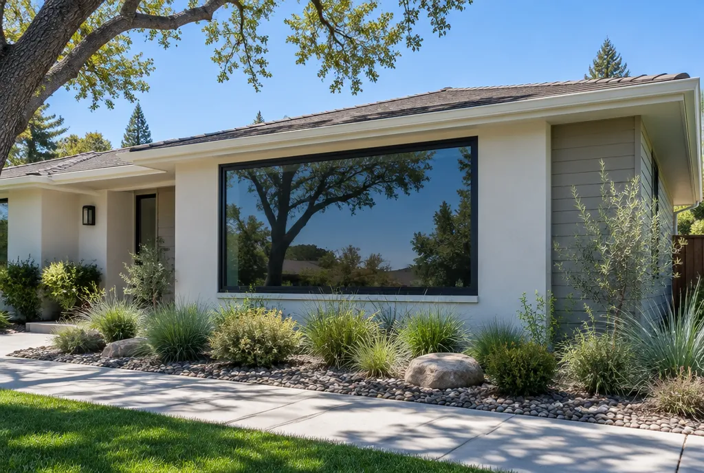 Single-story ranch home with a large dark picture window reflecting the sky and an oak tree