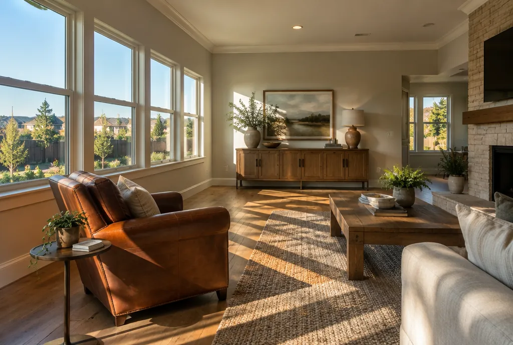 Great room with strong afternoon sun shining through a row of west-facing windows onto hardwood floors